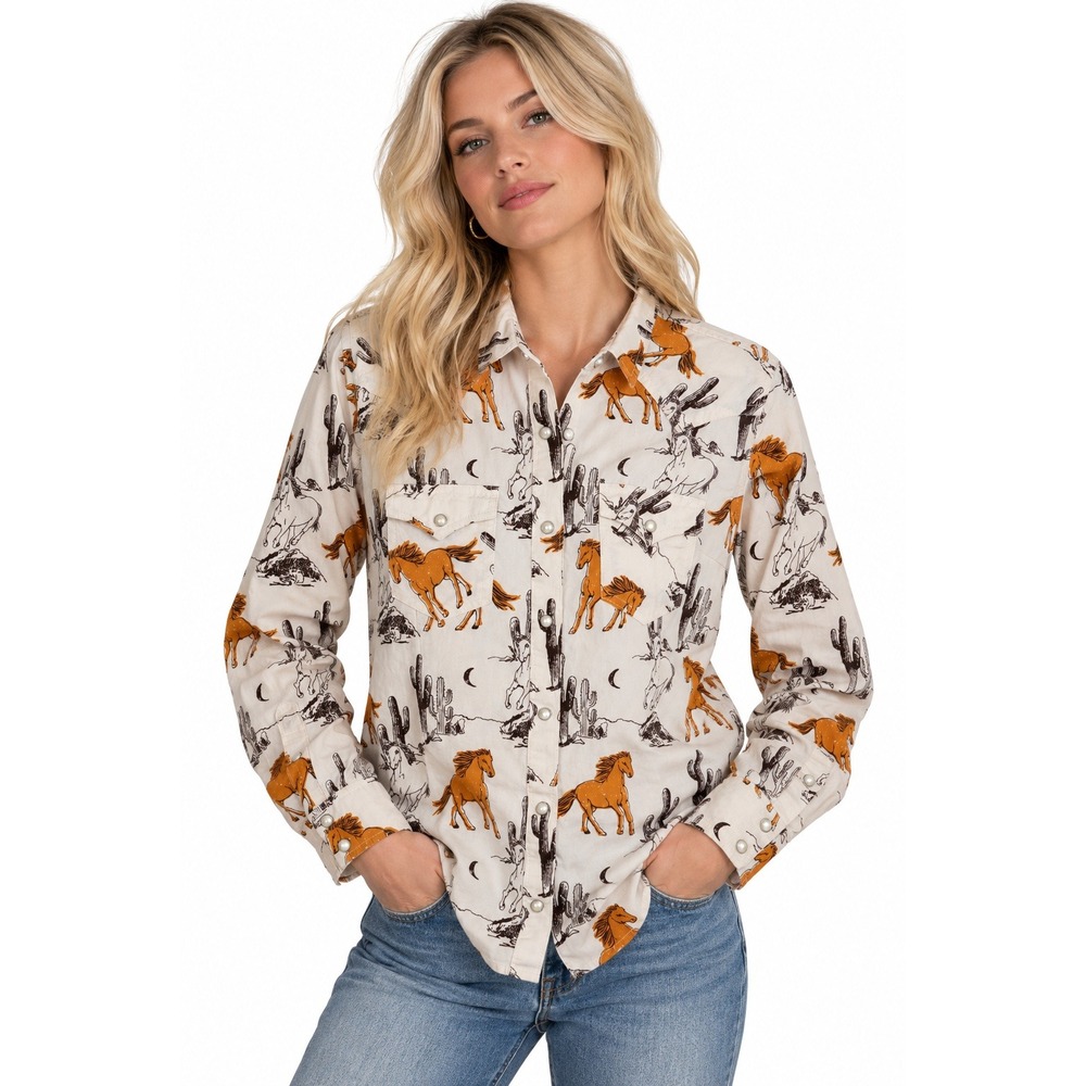 Wrangler Retro Horse Print Western Pearl Snap Shirt Cactus Cowboy Small